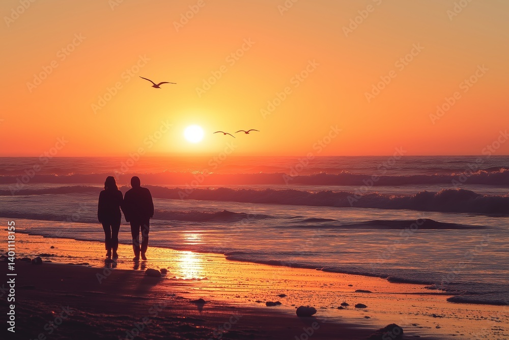 A romantic scene of a couple strolling hand-in-hand along the shore as the sun sets in vibrant orange hues.