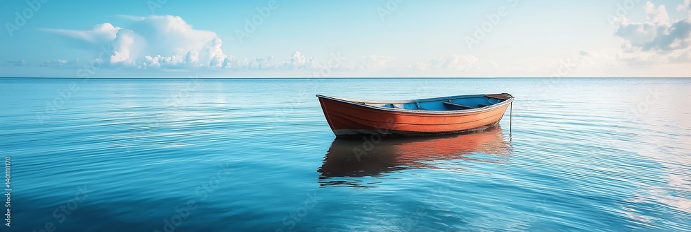 A serene, solitary boat rests gently on tranquil waters, embodying peace and solitude.