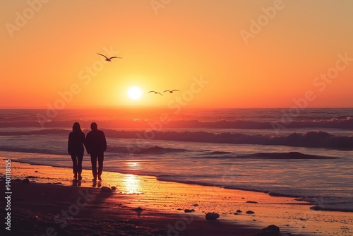 Obraz na płótnie A romantic scene of a couple strolling hand-in-hand along the shore as the sun sets in vibrant orange hues. w salonie