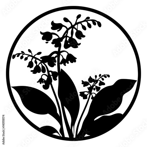 Bell-shaped wildflowers with leaves silhouette in circle- A black and white silhouette illustration of bell-shaped wildflowers with arching stems and broad leaves, enclosed in a circular frame