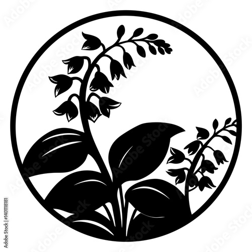 Bell-shaped flowers and leaves silhouette in circle- Black and white silhouette illustration of bell-shaped flowers with broad leaves, framed within a circular border