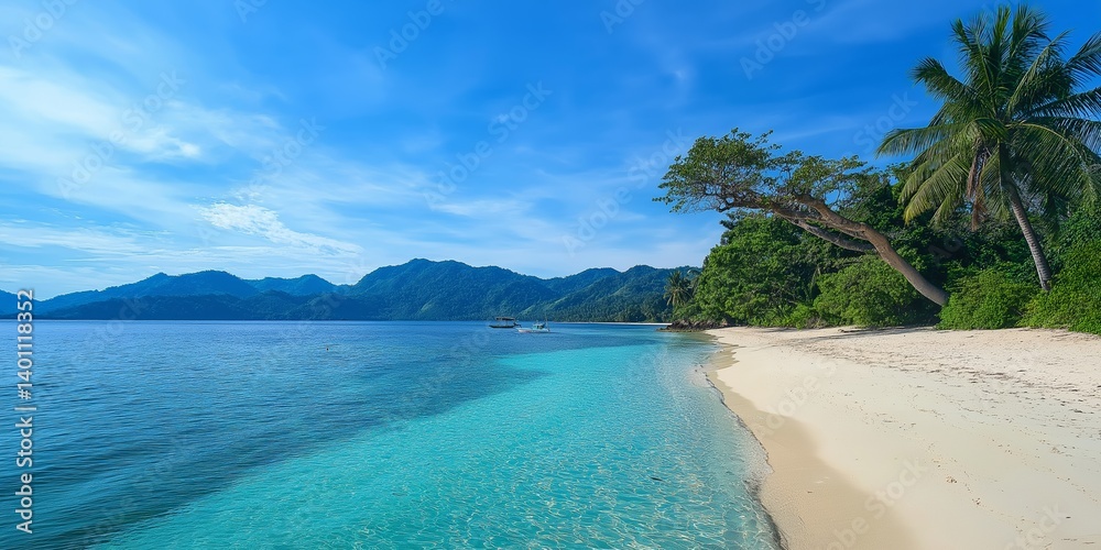 A beautiful tropical beach showcasing pristine white sand and crystal-clear water, perfect for relaxation.