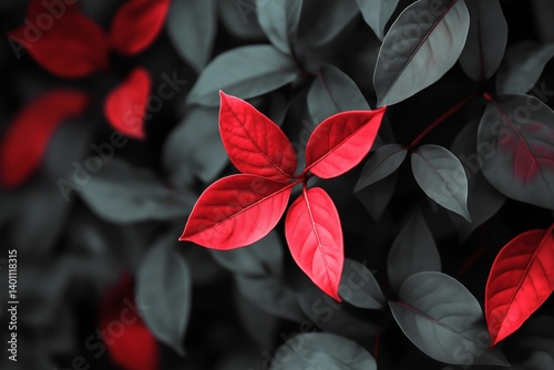Striking red leaves emerge against dark green foliage, highlighting the beauty of contrast in nature.