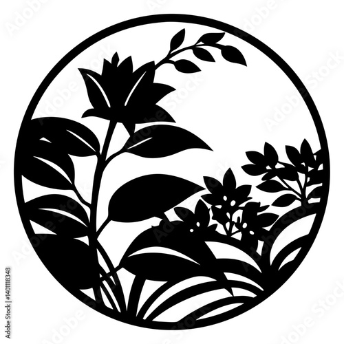 Wildflower and foliage silhouette in circle frame- Black and white floral silhouette artwork featuring wildflowers and leaves in a circular frame, ideal for stencil and decorative patterns