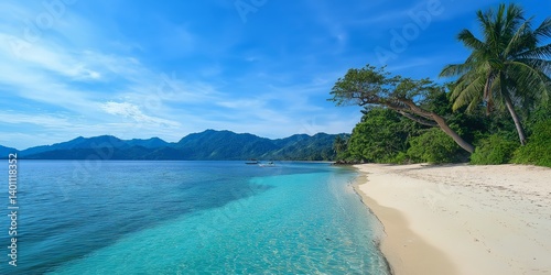 Obraz na płótnie A beautiful tropical beach showcasing pristine white sand and crystal-clear water, perfect for relaxation. w salonie