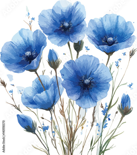 Blue poppy flowers bloom in the spring garden, their violet petals dancing in the wind,