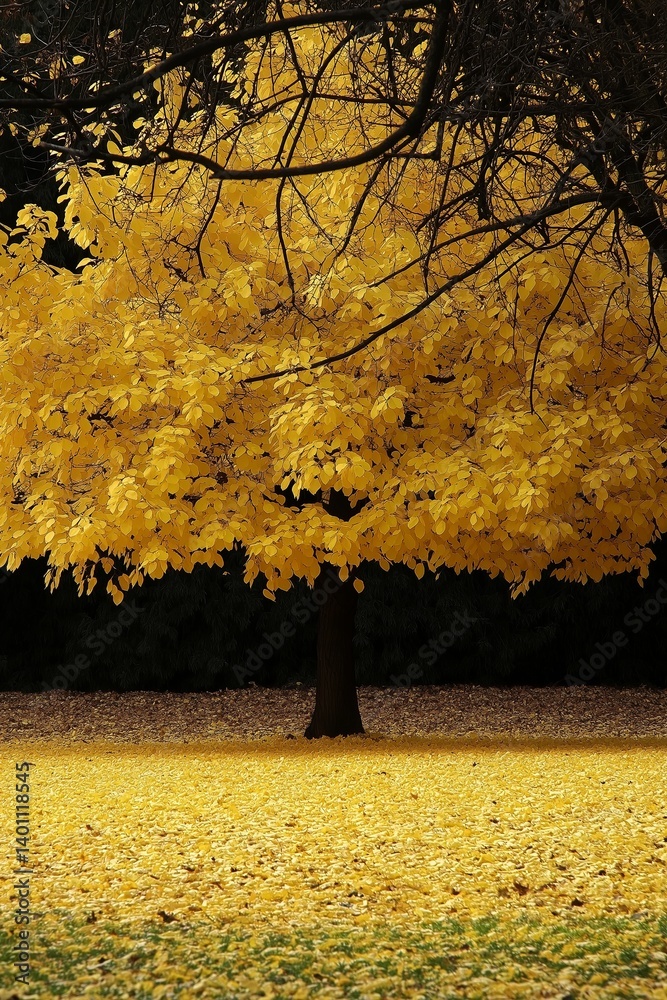 A stunning autumn tree displays golden leaves while a carpet of fallen leaves blankets the ground below.