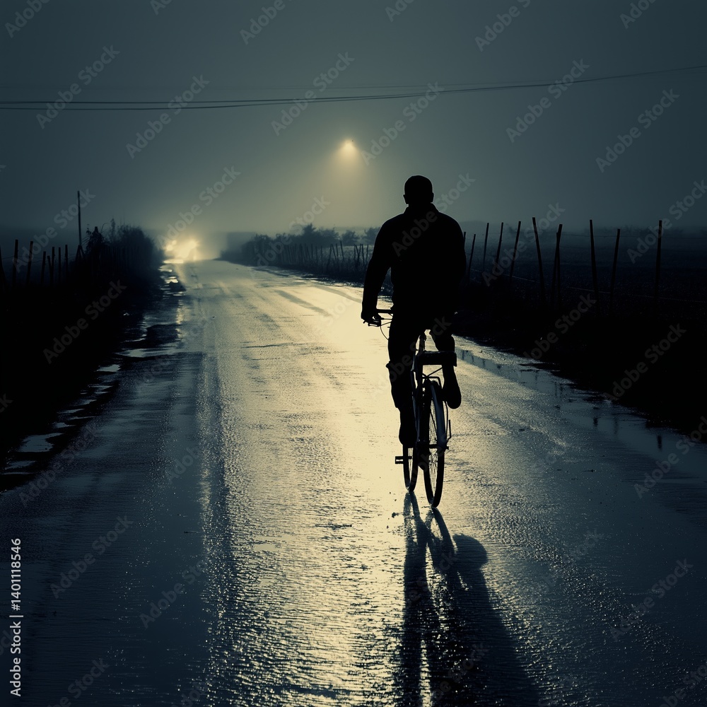 A lone cyclist rides through a misty road illuminated by streetlights.