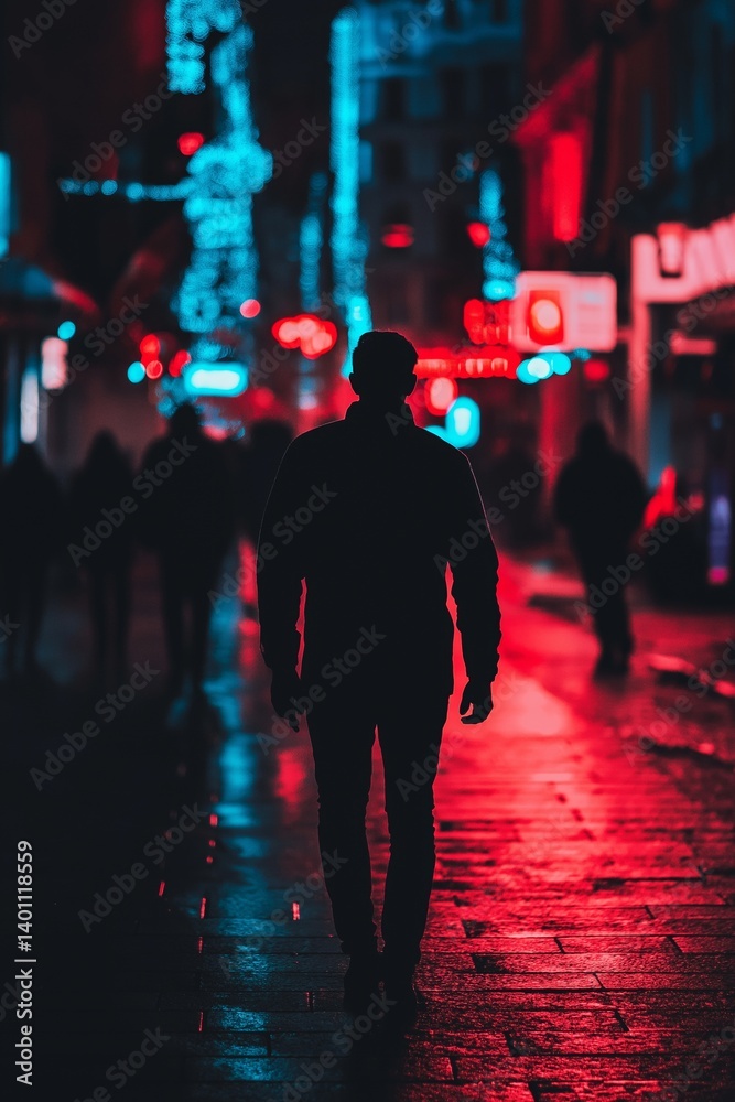 A mysterious silhouette of a person walks alone in a street filled with vibrant neon lights at night.