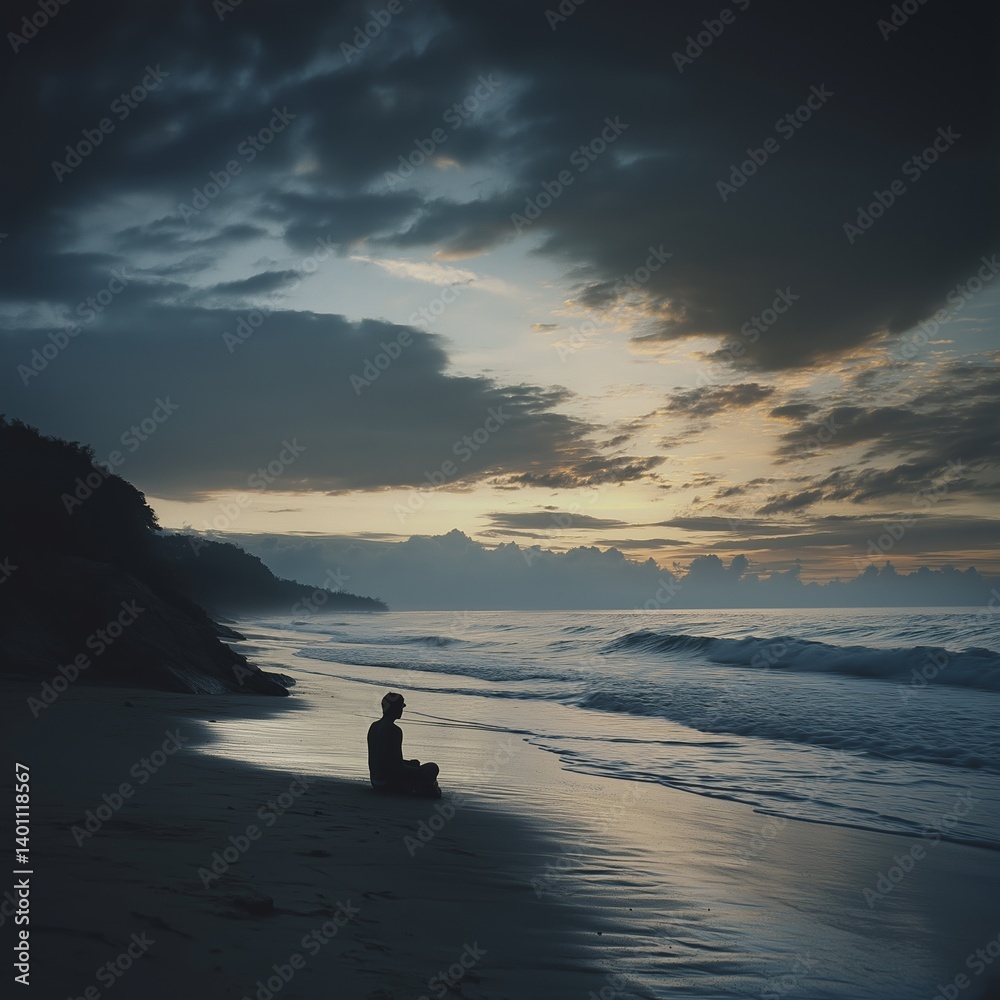 A solitary figure meditates on a beach at sunrise, lit by soft light.