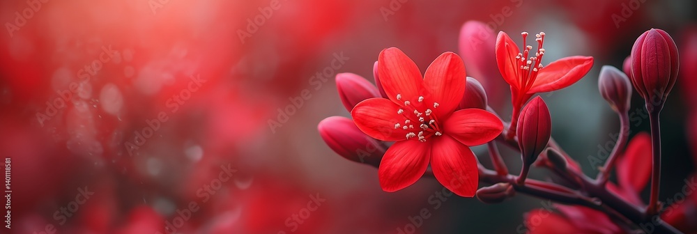 A captivating close-up of striking red flowers against a dreamy blurred background.