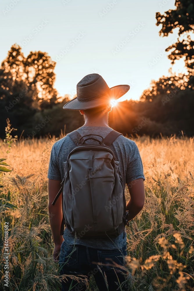A person stands in a golden field, basking in the warm sunset light.