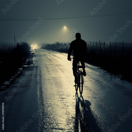 Obraz na płótnie A lone cyclist rides through a misty road illuminated by streetlights. w salonie