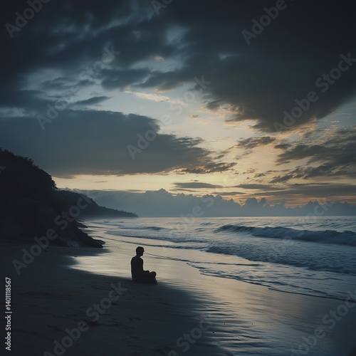 Obraz na płótnie A solitary figure meditates on a beach at sunrise, lit by soft light. w salonie