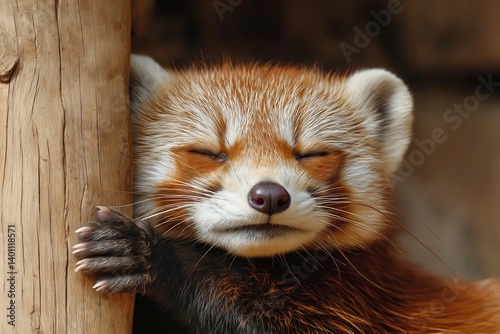 Obraz na płótnie A close-up of a red panda looking content while resting against a post. w salonie