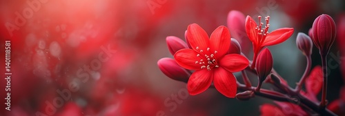 A captivating close-up of striking red flowers against a dreamy blurred background.