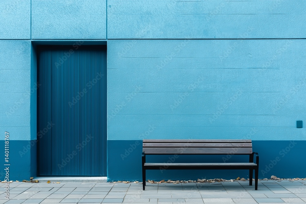 A minimalist composition featuring a blue wall accompanied by a modest wooden bench creating tranquility.