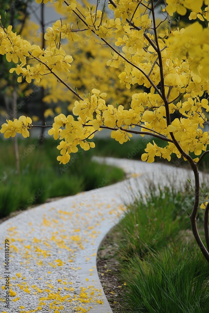 A picturesque scene showcasing bright yellow flowers along a winding pathway, inviting tranquility.