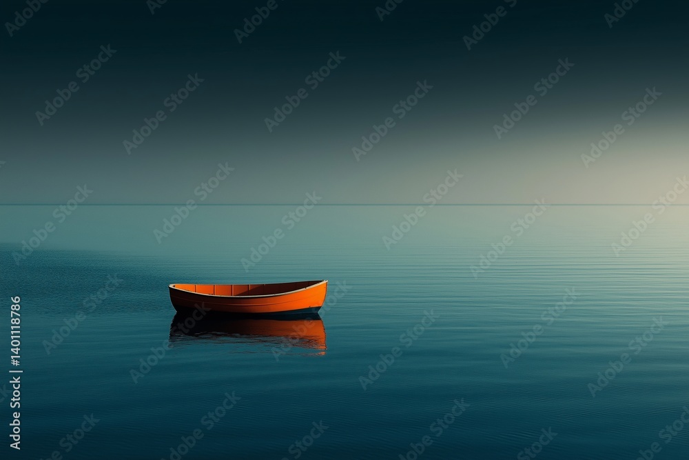 A serene scene of a single boat floating on perfectly tranquil waters reflecting a subtle gradient sky.