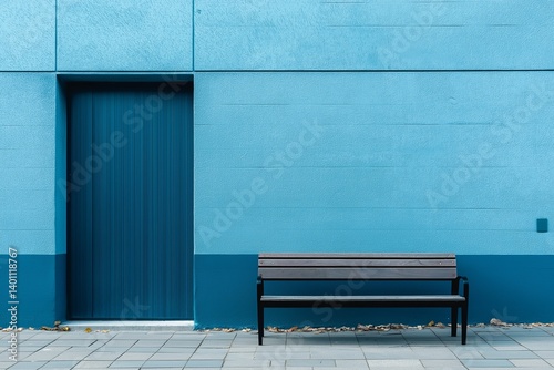 Obraz na płótnie A minimalist composition featuring a blue wall accompanied by a modest wooden bench creating tranquility. w salonie
