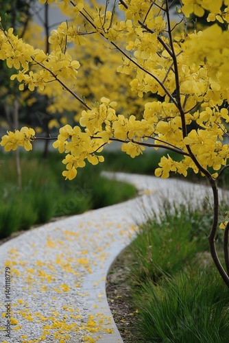 Obraz na płótnie A picturesque scene showcasing bright yellow flowers along a winding pathway, inviting tranquility. w salonie