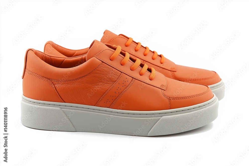 A pair of stylish orange sneakers showcases modern design and vibrant color, ideal for fashion enthusiasts.