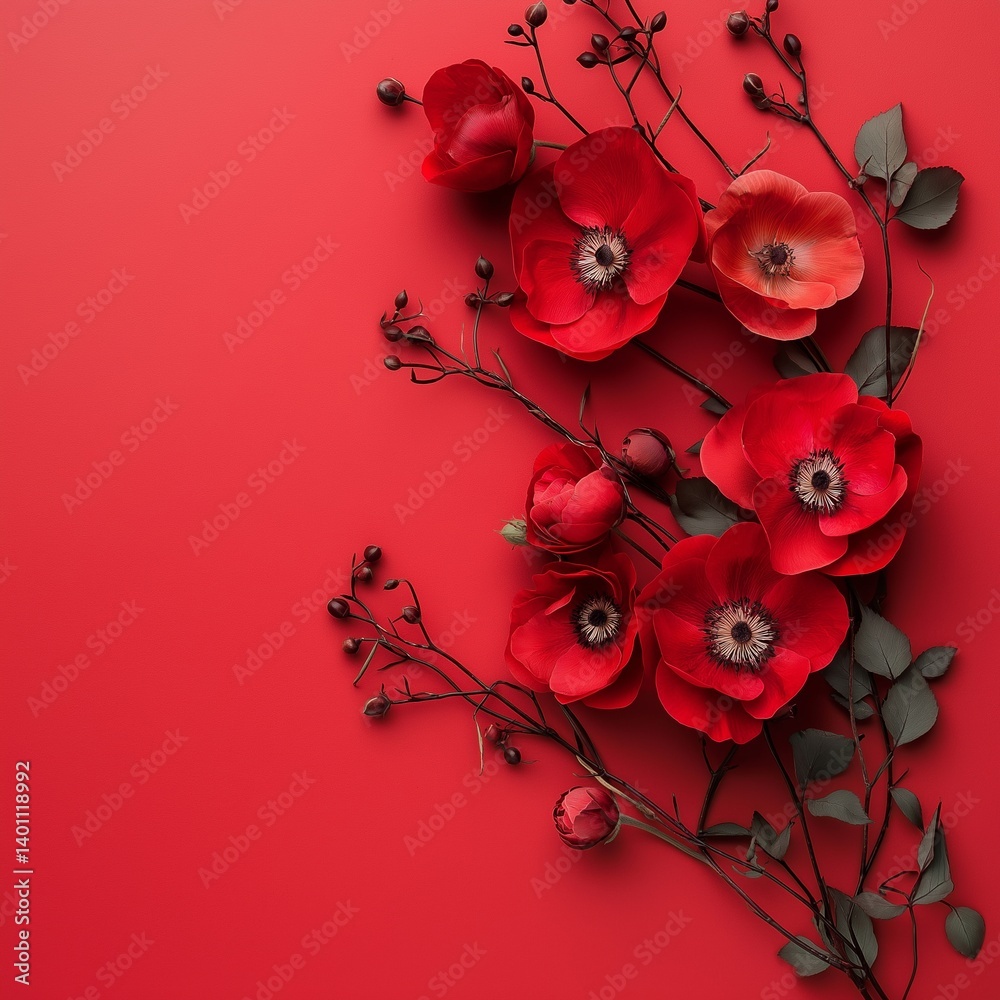 A stunning collection of red flowers arranged beautifully against a solid backdrop, exuding elegance.