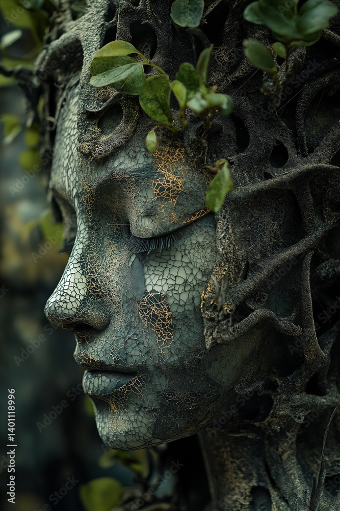 A captivating sculpture merges human features with natural elements, showcasing creativity and artistry.