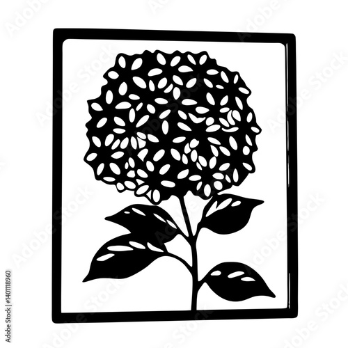 Hydrangea blossom silhouette in square frame- Black and white silhouette artwork of a hydrangea blossom with leaves enclosed in a square frame, suitable for stencil, decor, or design use
