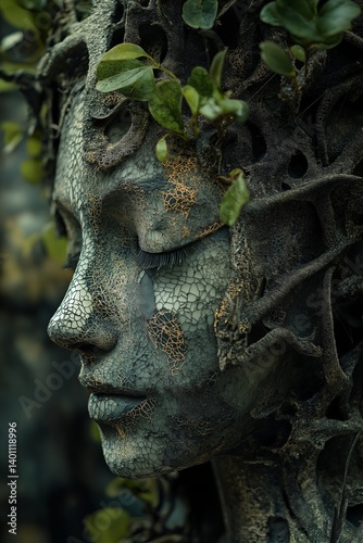 Obraz na płótnie A captivating sculpture merges human features with natural elements, showcasing creativity and artistry. w salonie