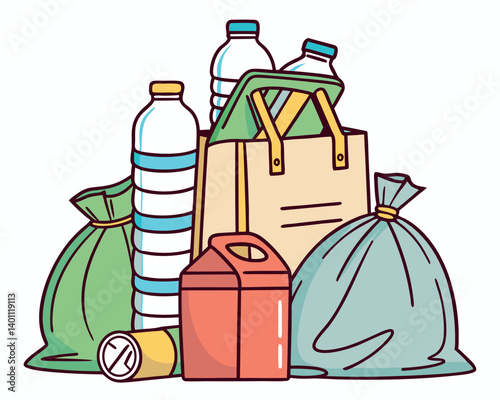 Assorted Recycling Items: Plastic Bottles, Paper Bag, Carton, and More