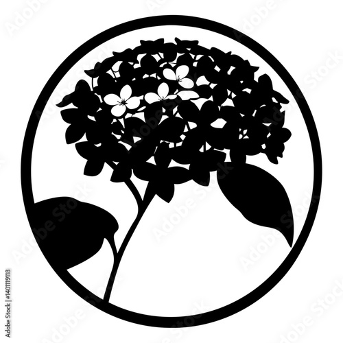 Hydrangea blossom silhouette inside circular frame- Black and white floral silhouette featuring a hydrangea flower cluster with leaves enclosed in a round border, ideal for decorative design