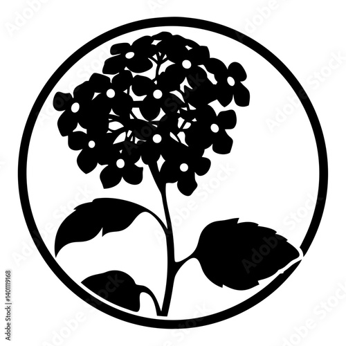 Hydrangea flower cluster silhouette in circle- Black and white silhouette illustration of a hydrangea blossom cluster with leaves inside a circular frame, ideal for decoration or design