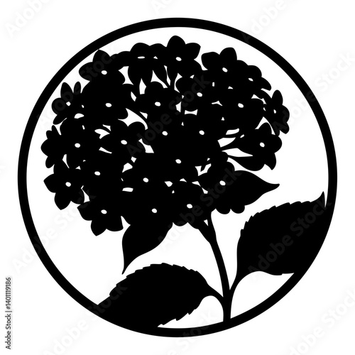 Silhouette of hydrangea flowers in circular frame- Black and white silhouette design featuring a hydrangea flower cluster with leaves enclosed in a circle, perfect for decoration or artwork