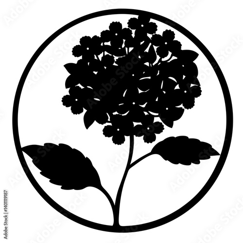 Hydrangea blossom silhouette inside circular frame- Black and white silhouette illustration of a hydrangea flower cluster with leaves enclosed in a round frame, ideal for decorative artwork