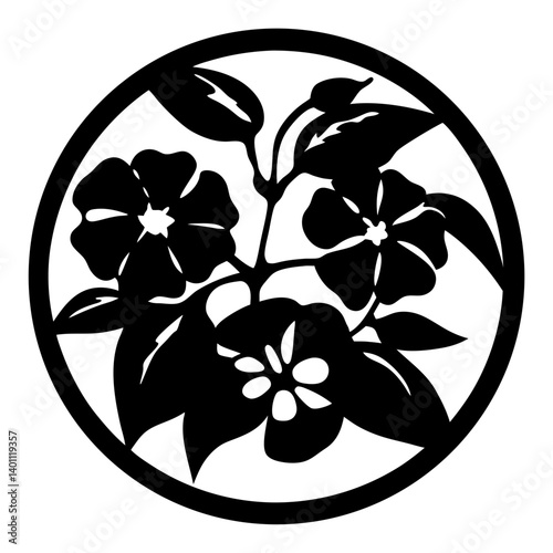 Floral silhouette with blossoms inside circle- Black and white silhouette artwork showing multiple blooming flowers with leaves enclosed in a circular frame, perfect for decorative or artistic design