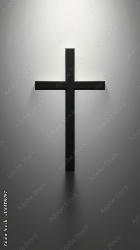 Naklejka premium Cross on a wall in a chapel-like setting with an ethereal light effect.