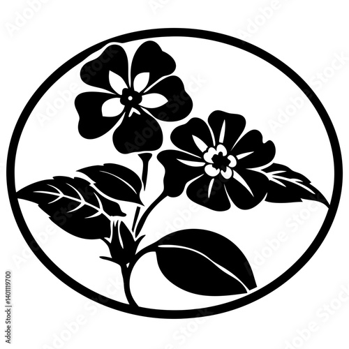 Floral blossom silhouette design in oval frame- Black and white silhouette of two blooming flowers with leaves inside an oval border, perfect for decorative artwork or design elements
