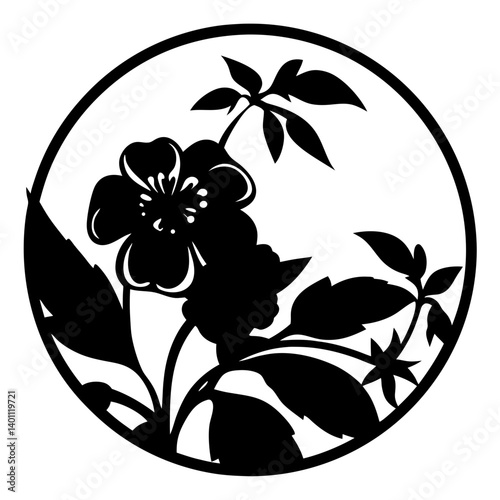 Floral blossom silhouette artwork in circular frame- Black and white silhouette of a blooming flower with leaves and buds enclosed in a circular border, suitable for decorative or artistic use