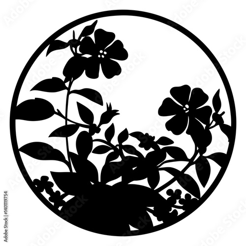 Silhouette of blooming flowers inside circular frame- Black and white floral silhouette featuring blooming flowers, buds, and leaves arranged inside a circular border, perfect for decoration or design