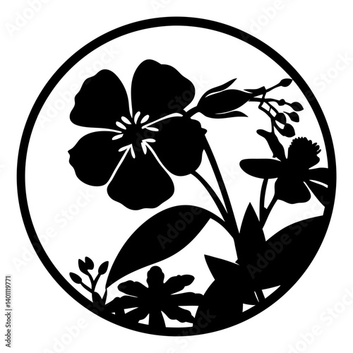 Floral silhouette design with blossoms in circle- Black and white silhouette artwork of various blooming flowers with leaves and buds enclosed in a circular frame, ideal for decoration