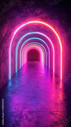 Colorful neon lights illuminate a tunnel in a dark environment creating a vibrant atmosphere