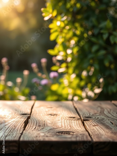 Wooden table top on blur background of green garden with bokeh sunlight. 
