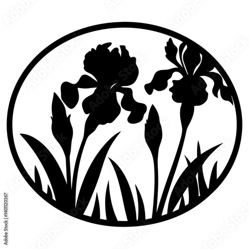 Iris flower silhouette design in oval frame- Black and white silhouette artwork featuring blooming iris flowers with buds and leaves inside an oval border, perfect for decoration or design