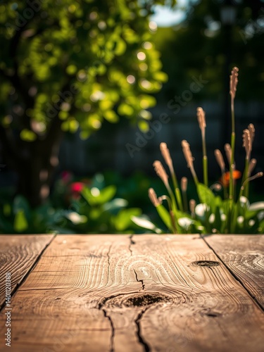 Wooden table top on blur background of green garden with bokeh sunlight. 
