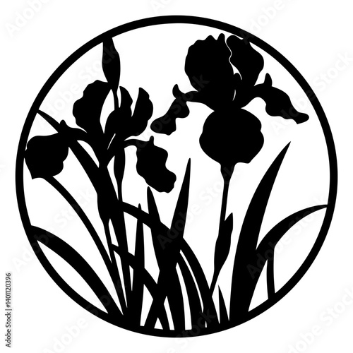 Silhouette of iris flowers inside circle- Black and white illustration showing blooming iris flowers with leaves and stems enclosed in a circular frame, ideal for artistic decoration