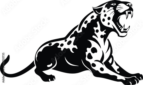 Roaring Black Jaguar with Spots Silhouette on White Background Design