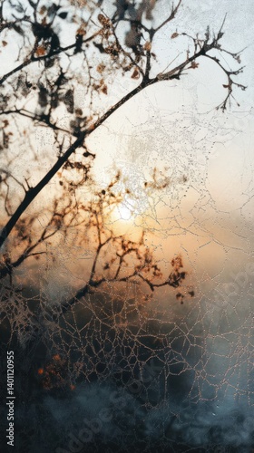 Silhouette of tree branches and spider web at sunrise or sunset