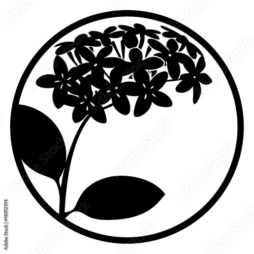 Simple clustered flower silhouette in circle- Black silhouette of a small flower cluster with leaves enclosed in a round frame, designed for decorative and ornamental artwork
