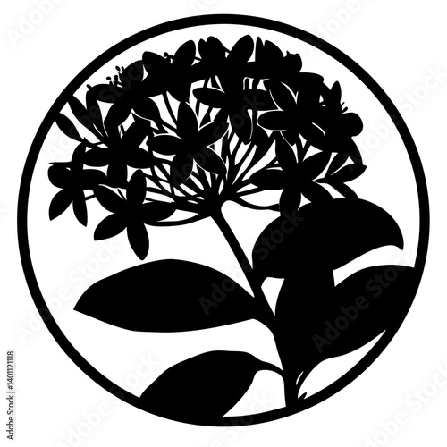 Clustered flower silhouette inside round frame- Black silhouette of small clustered flowers with broad leaves enclosed in a circular border, ideal for ornamental and decorative design